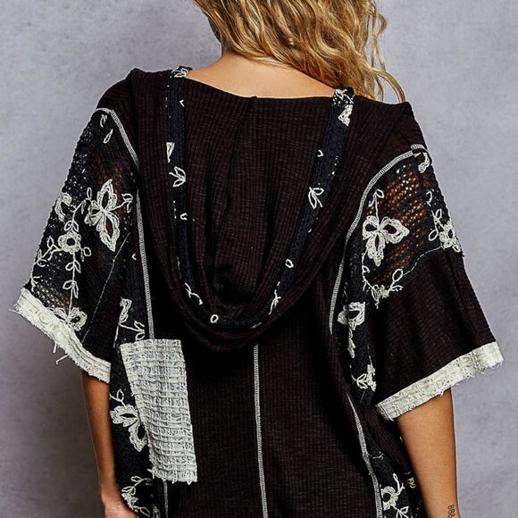 The Black Brooke Set POL  V-neck hoodie, relaxed fit top in rib with lace detail - Picture 4 of 4